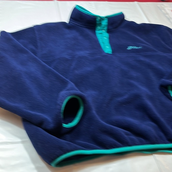 LL Bean BLUE FLEECE jacket aqua trim PULLOVER 4 snap neck, Mens 2XL side pockets - Picture 6 of 15